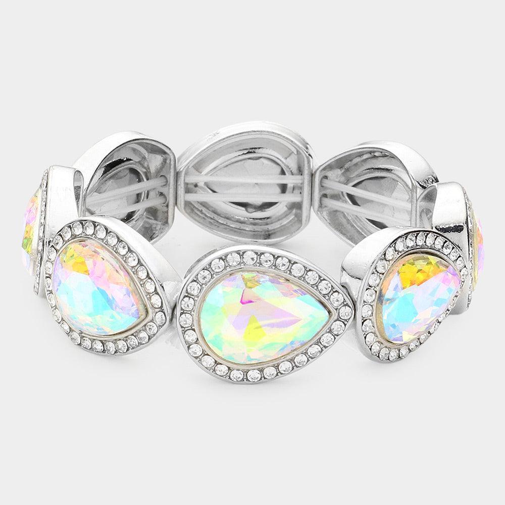 Silver Rhinestone Trim Teardrop Crystal Stretch Evening Bracelet - Jewelry Store by Erik Rayo