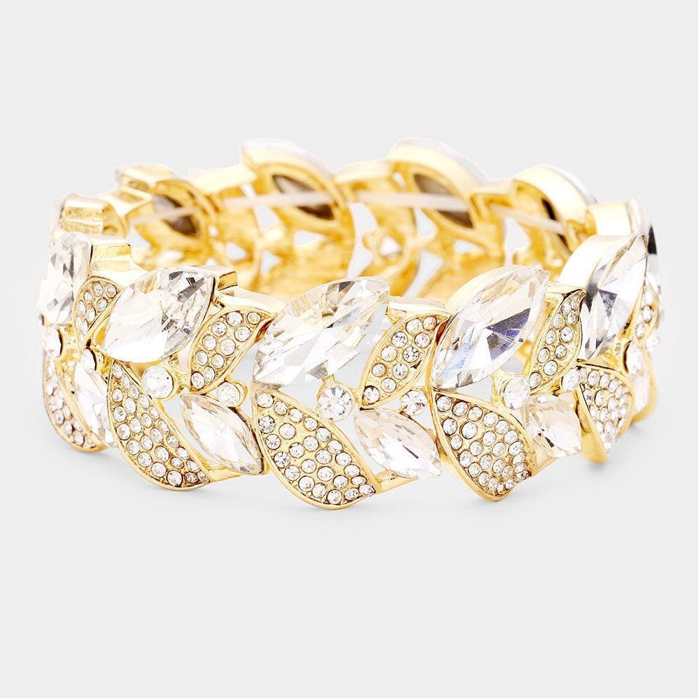 Gold Rhinestone Pave Marquise Stone Leaf Stretch Evening Bracelet - Jewelry Store by Erik Rayo