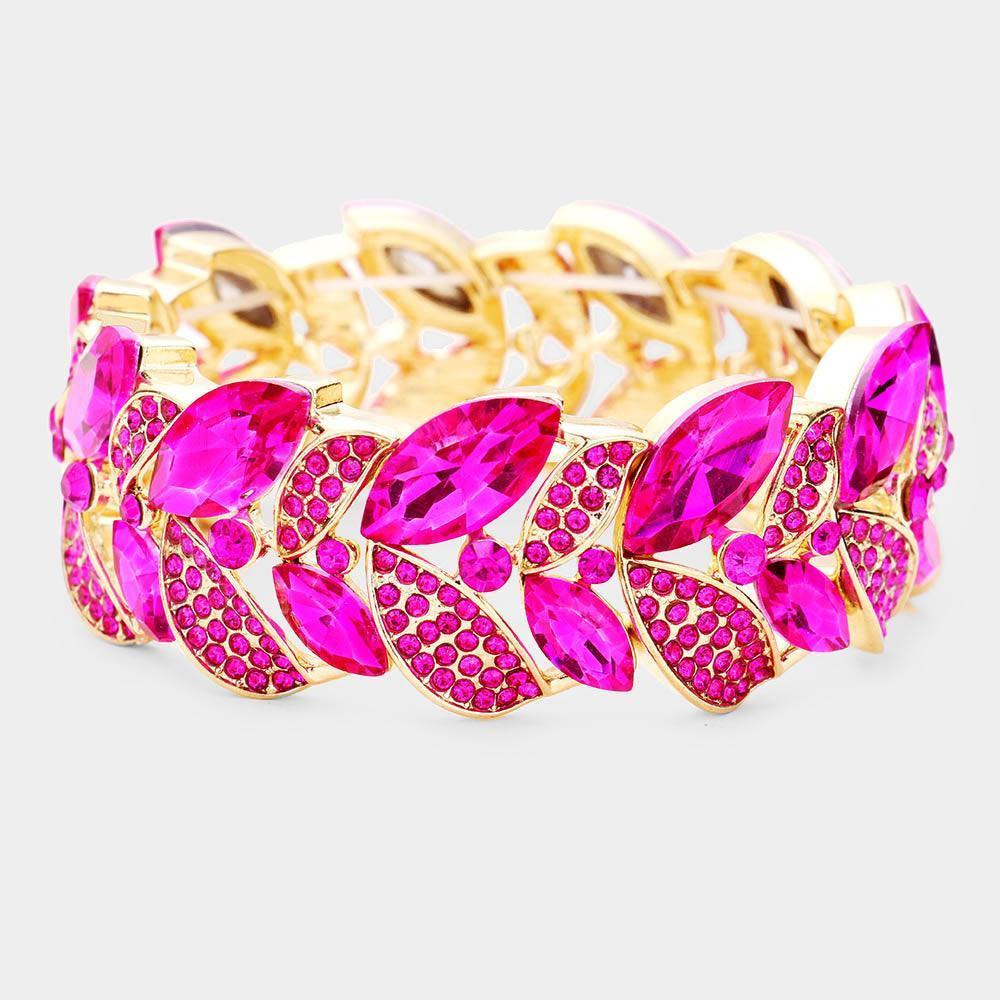 Gold Rhinestone Pave Marquise Stone Leaf Stretch Evening Bracelet - Jewelry Store by Erik Rayo