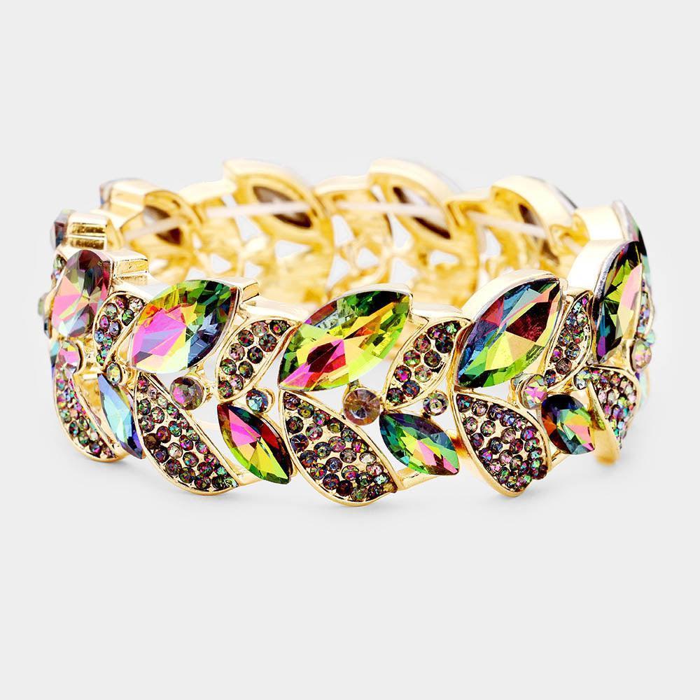 Gold Rhinestone Pave Marquise Stone Leaf Stretch Evening Bracelet - Jewelry Store by Erik Rayo