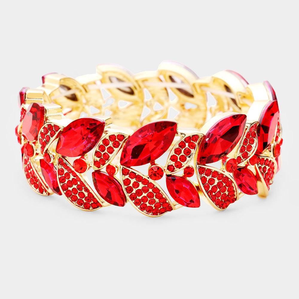 Red Rhinestone Pave Marquise Stone Leaf Stretch Evening Bracelet