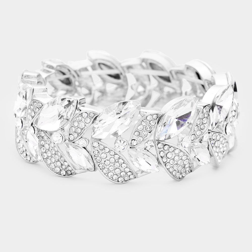 Silver Rhinestone Pave Marquise Stone Leaf Stretch Evening Bracelet - Jewelry Store by Erik Rayo