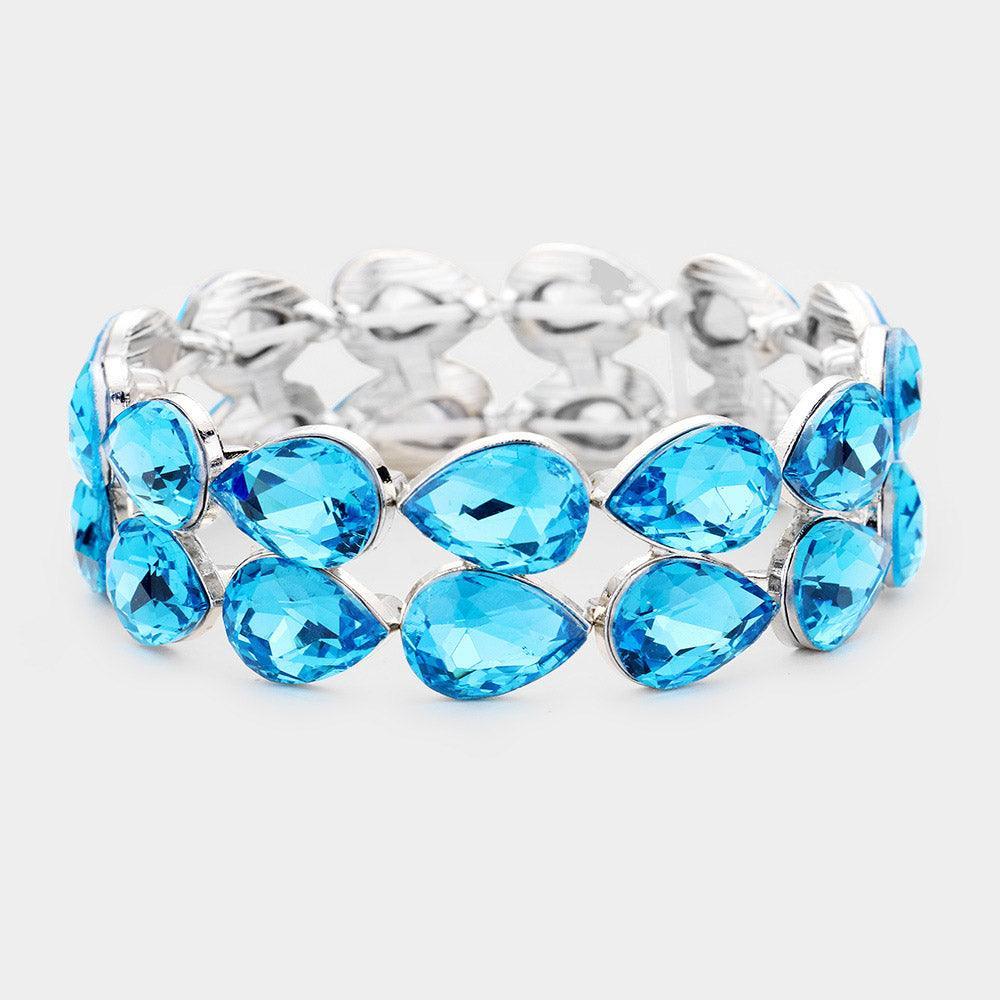 Silver Glass Crystal Teardrop Stretch Evening Bracelet