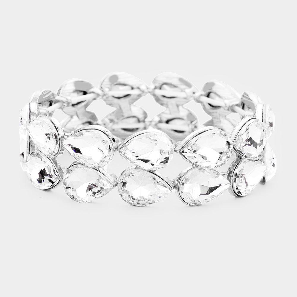 Clear Glass Crystal Teardrop Stretch Evening Bracelet