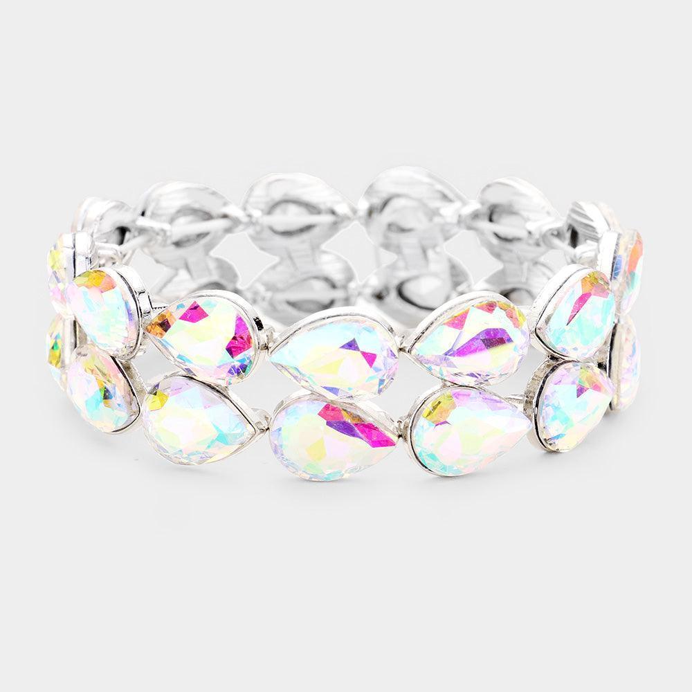 Silver Glass Crystal Teardrop Stretch Evening Bracelet