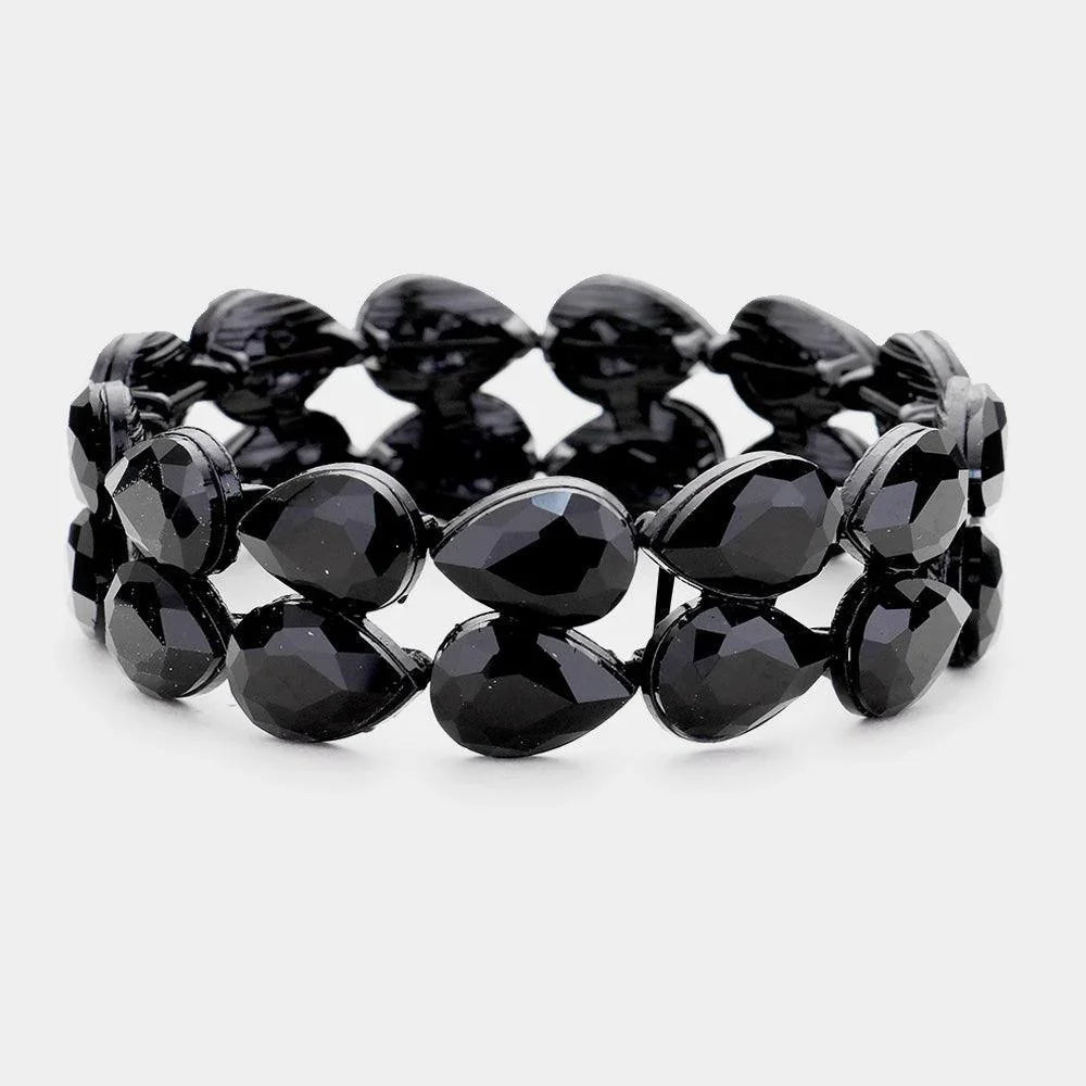 Black Glass Crystal Teardrop Stretch Evening Bracelet - Jewelry Store by Erik Rayo