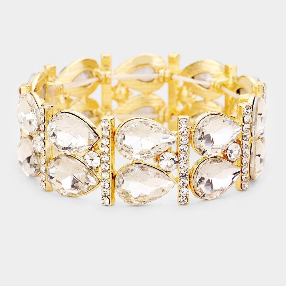 Gold Crystal Teardrop Rhinestone Pave Stretch Evening Bracelet - Jewelry Store by Erik Rayo