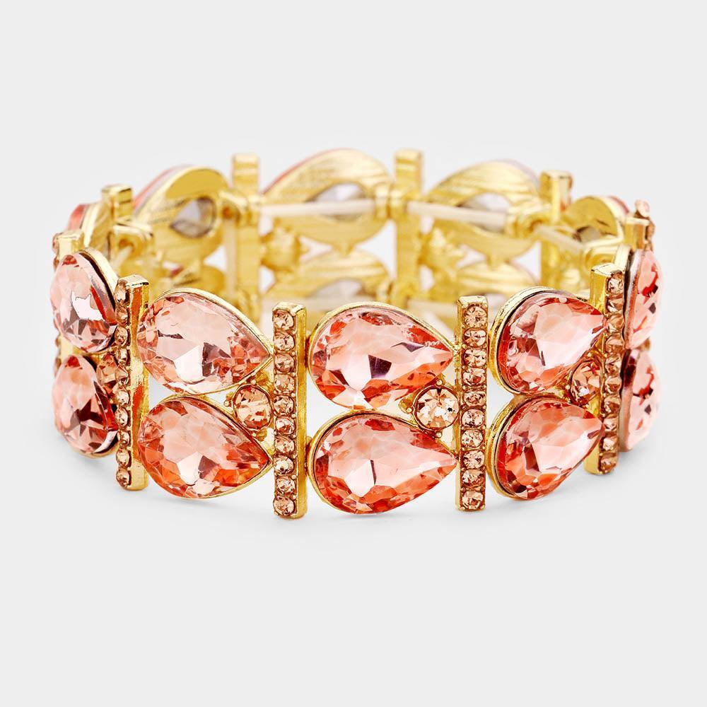 Peach Crystal Teardrop Rhinestone Pave Stretch Evening Bracelet - Jewelry Store by Erik Rayo