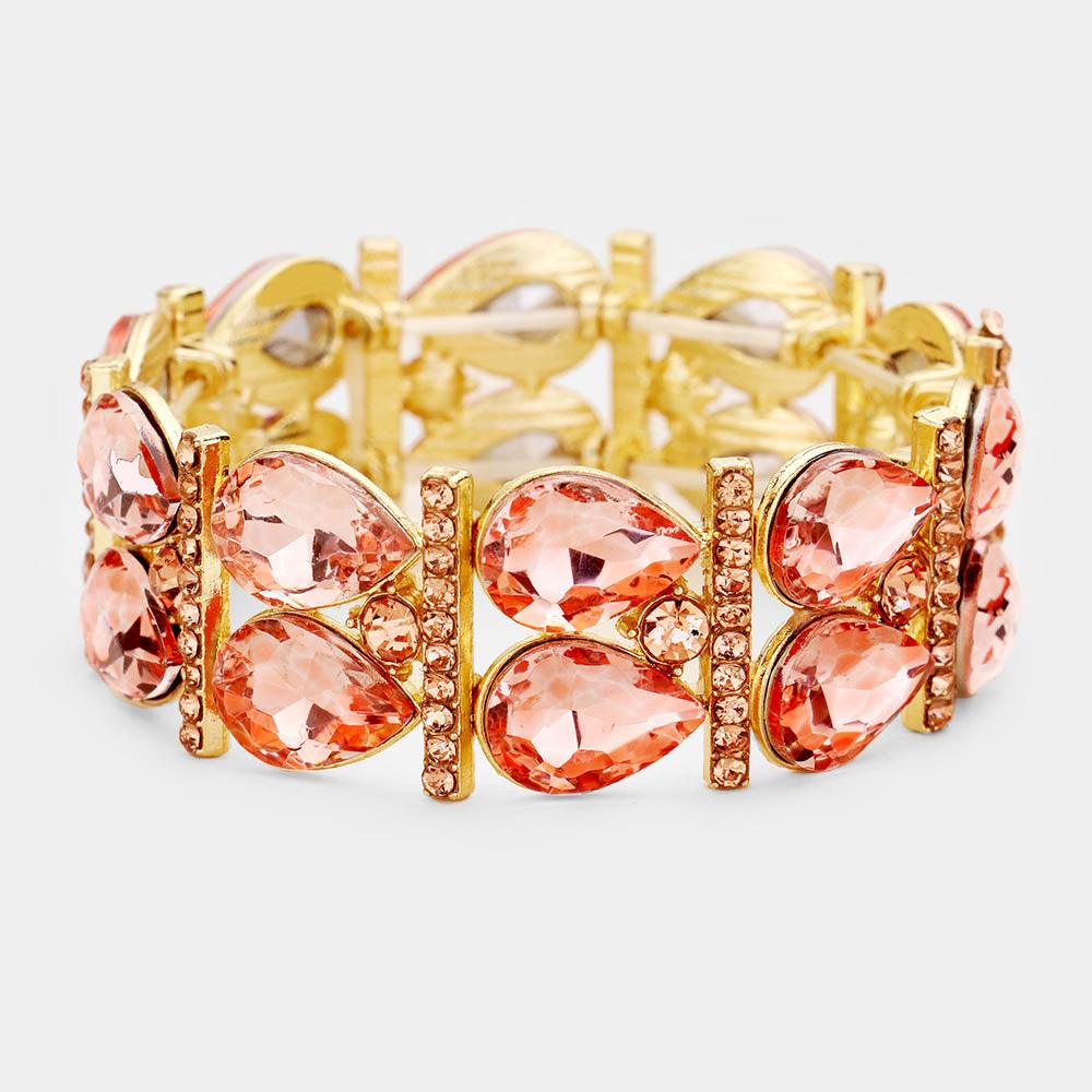 Peach Crystal Teardrop Rhinestone Pave Stretch Evening Bracelet