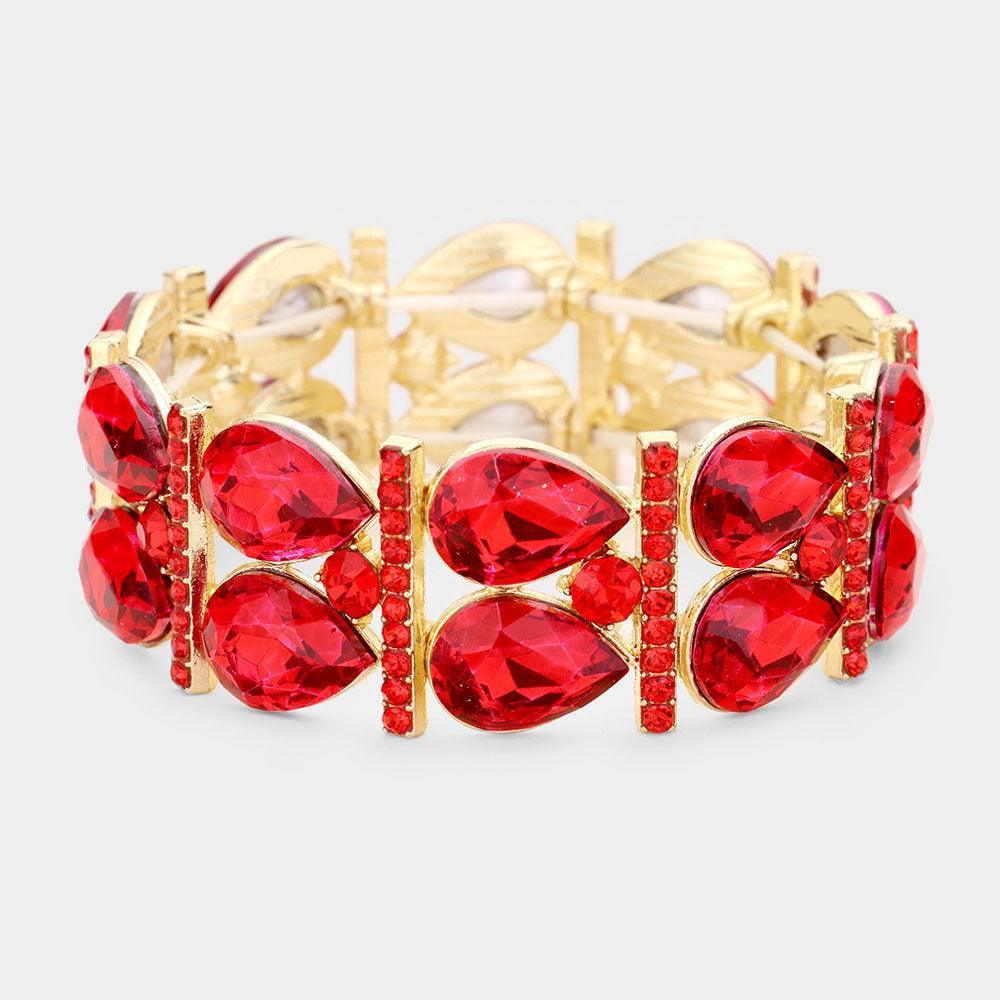 Red Crystal Teardrop Rhinestone Pave Stretch Evening Bracelet - Jewelry Store by Erik Rayo