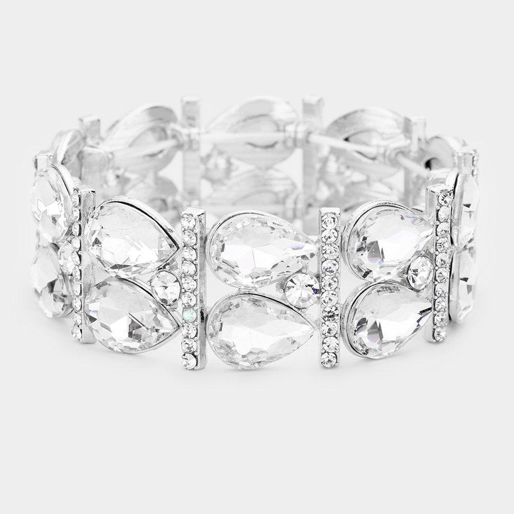 Silver Crystal Teardrop Rhinestone Pave Stretch Evening Bracelet - Jewelry Store by Erik Rayo