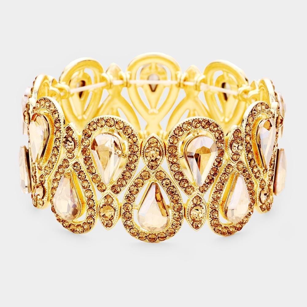 Gold Crystal Glass Teardrop Evening Stretch Bracelet - Jewelry Store by Erik Rayo