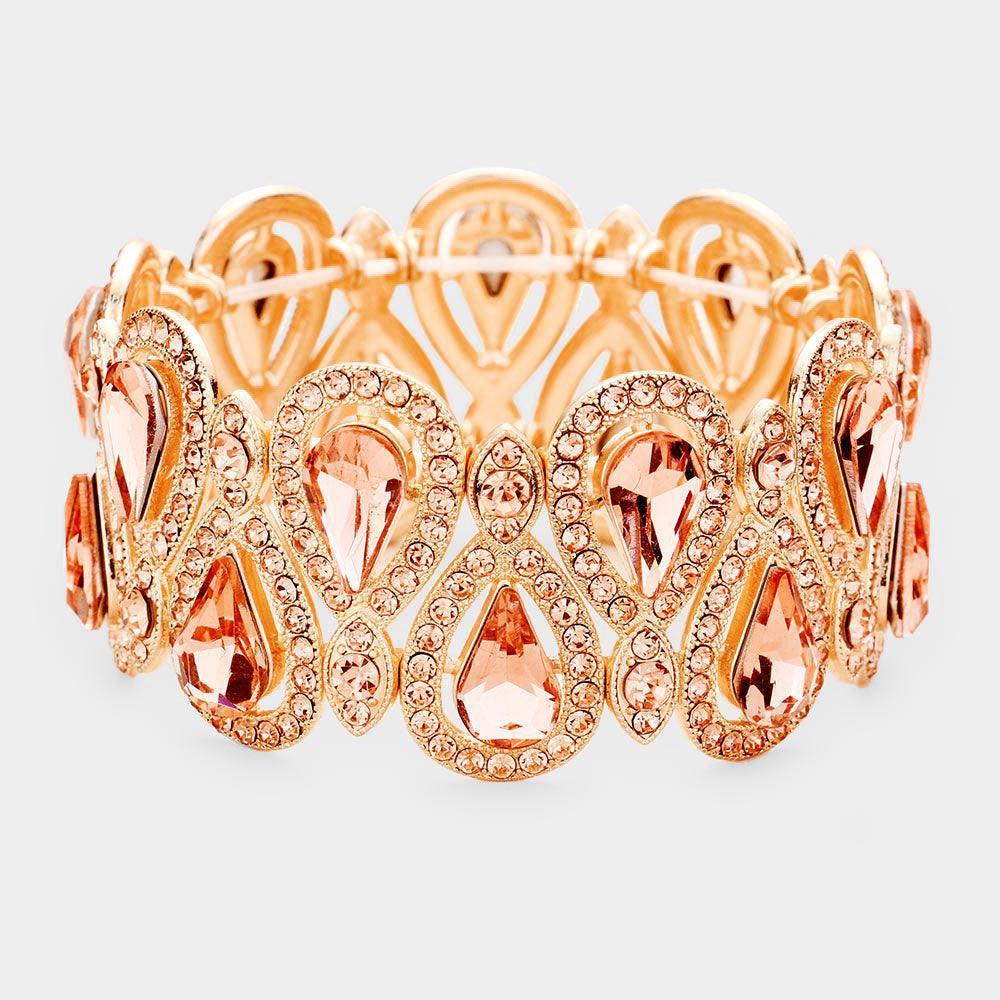 Peach Crystal Glass Teardrop Evening Stretch Bracelet - Jewelry Store by Erik Rayo
