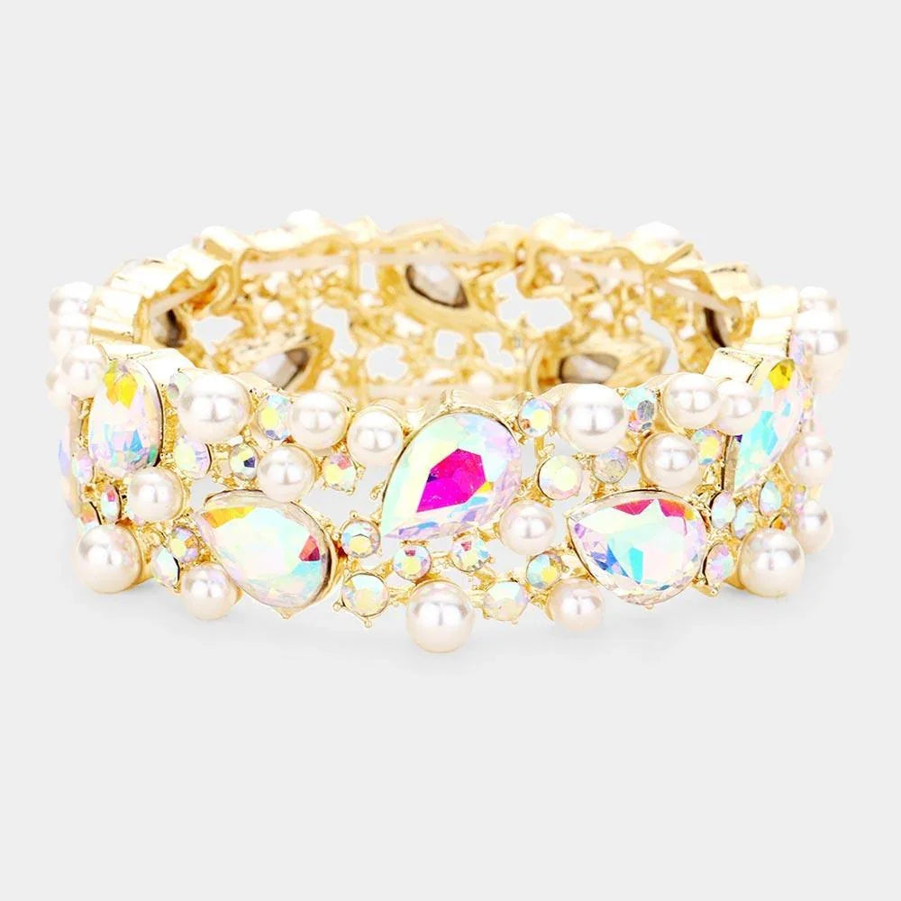 Gold Glass Crystal Teardrop Pearl Stretch Bracelet - Jewelry Store by Erik Rayo