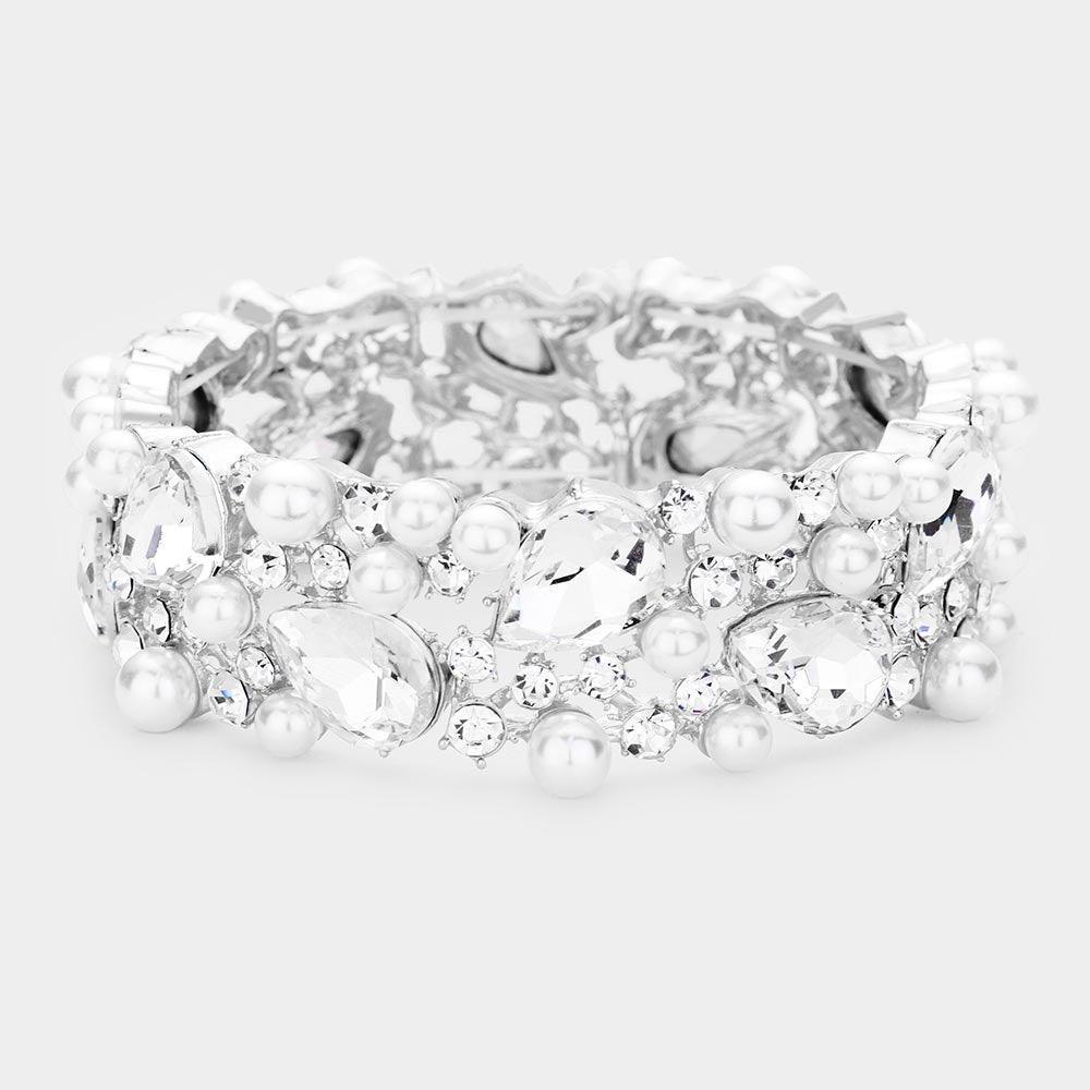 White Glass Crystal Teardrop Pearl Stretch Bracelet - Jewelry Store by Erik Rayo