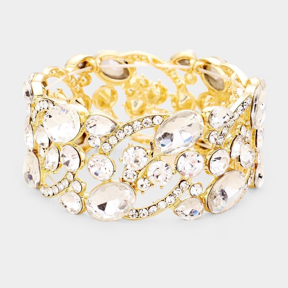 Gold Glass Crystal Oval Butterfly Stretch Evening Bracelet - Jewelry Store by Erik Rayo