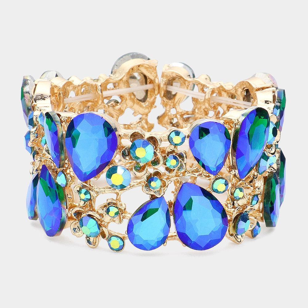 Blue Glass Crystal Teardrop Floral Stretch Evening Bracelet - Jewelry Store by Erik Rayo