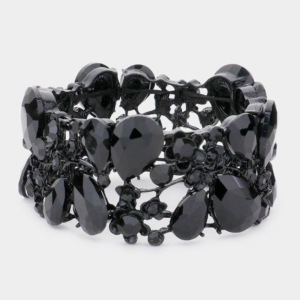 Black Glass Crystal Teardrop Floral Stretch Evening Bracelet - Jewelry Store by Erik Rayo