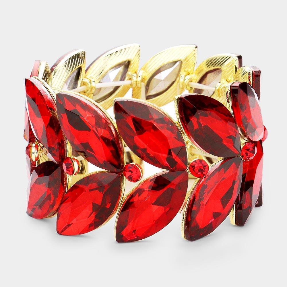 Red 2Rows Marquise Stone Cluster Stretch Evening Bracelet - Jewelry Store by Erik Rayo