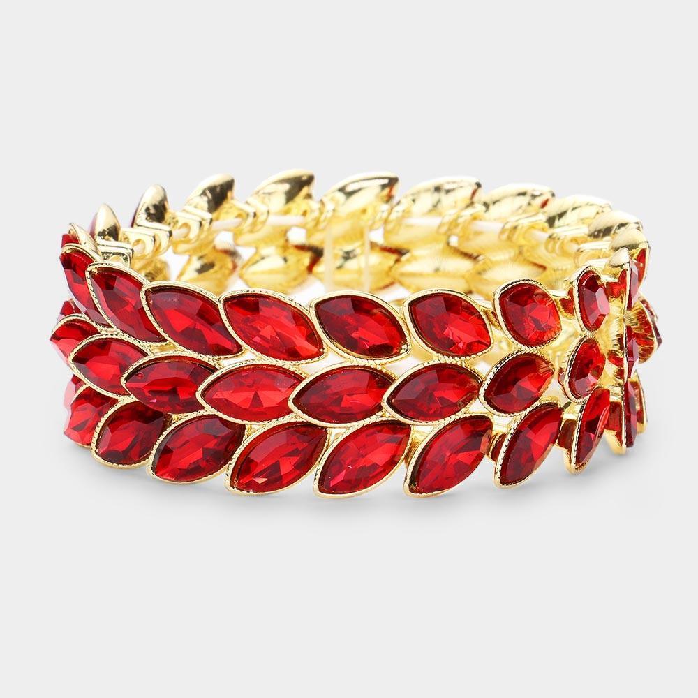 Red 3Rows Marquise Stone Cluster Stretch Evening Bracelet - Jewelry Store by Erik Rayo