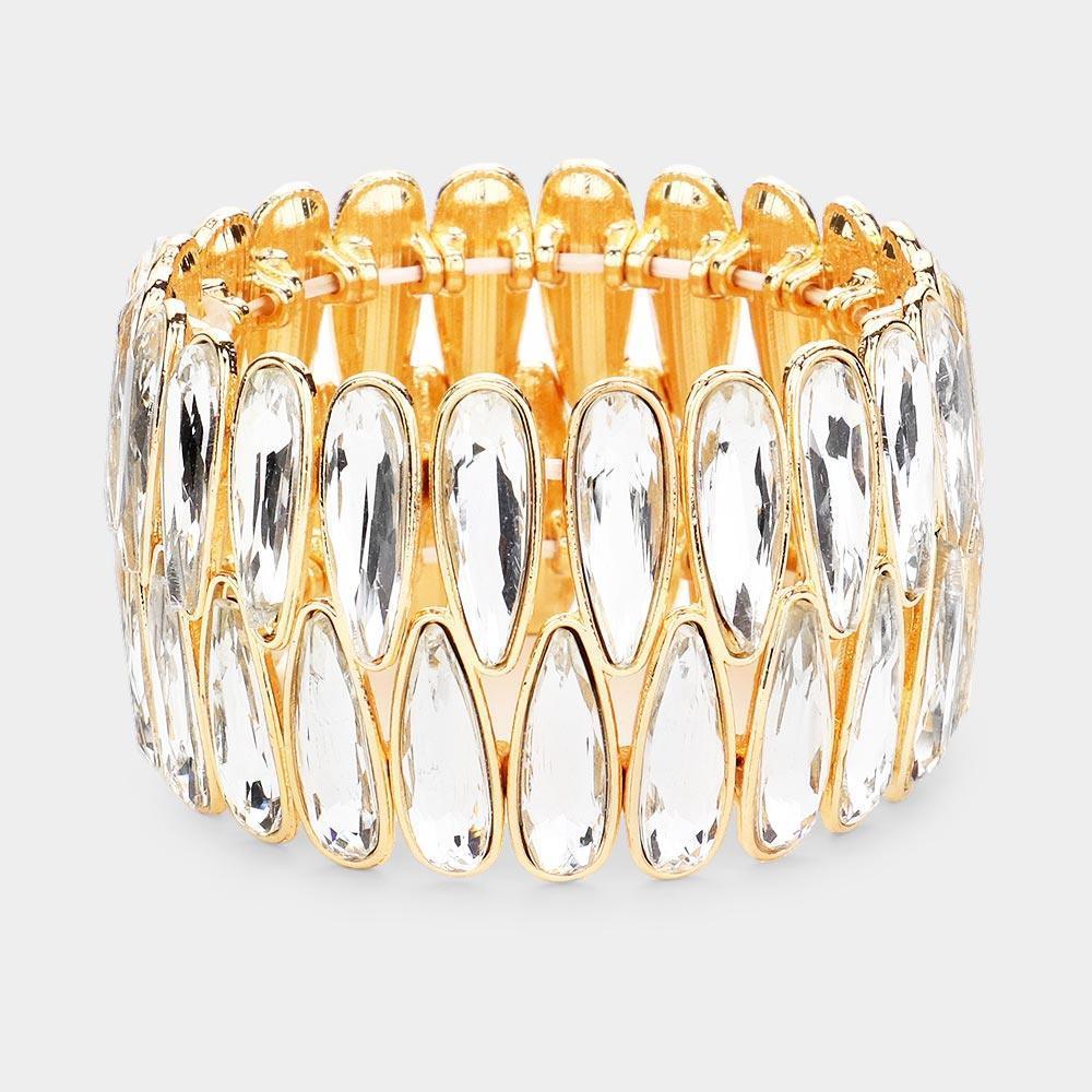 Clear 2Rows Elongated Teardrop Stone Cluster Stretch Evening Bracelet - Jewelry Store by Erik Rayo