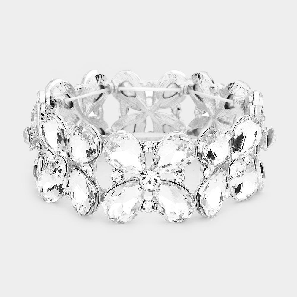 Clear Floral Teardrop Glass Crystal Stretch Evening Bracelet - Jewelry Store by Erik Rayo