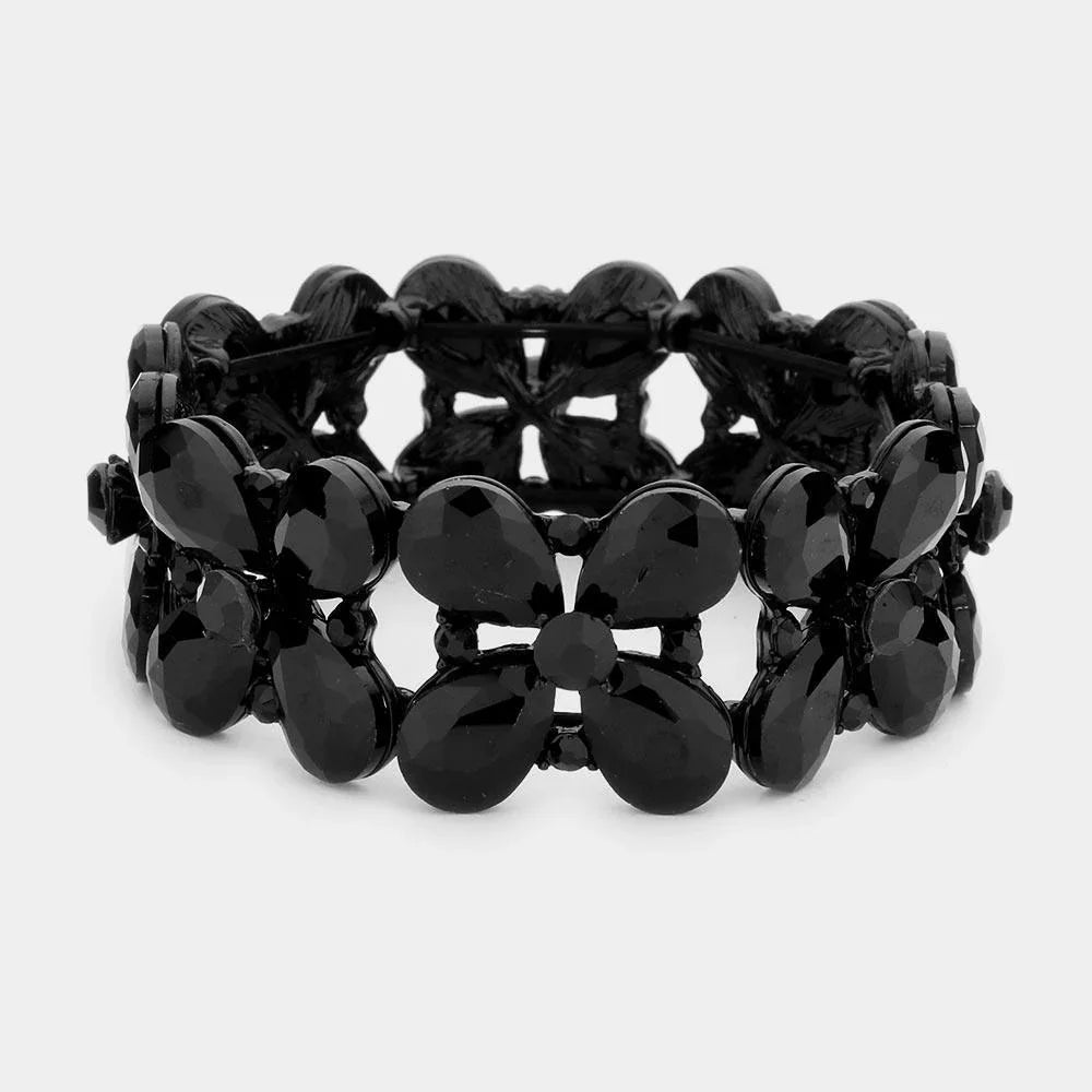 Black Floral Teardrop Glass Crystal Stretch Evening Bracelet - Jewelry Store by Erik Rayo