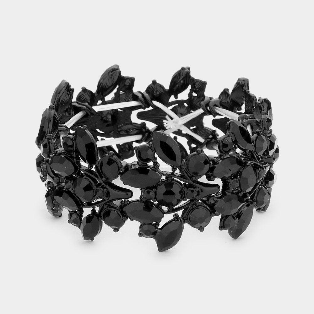 Black Round Marquise Stone Cluster Stretch Evening Bracelet - Jewelry Store by Erik Rayo
