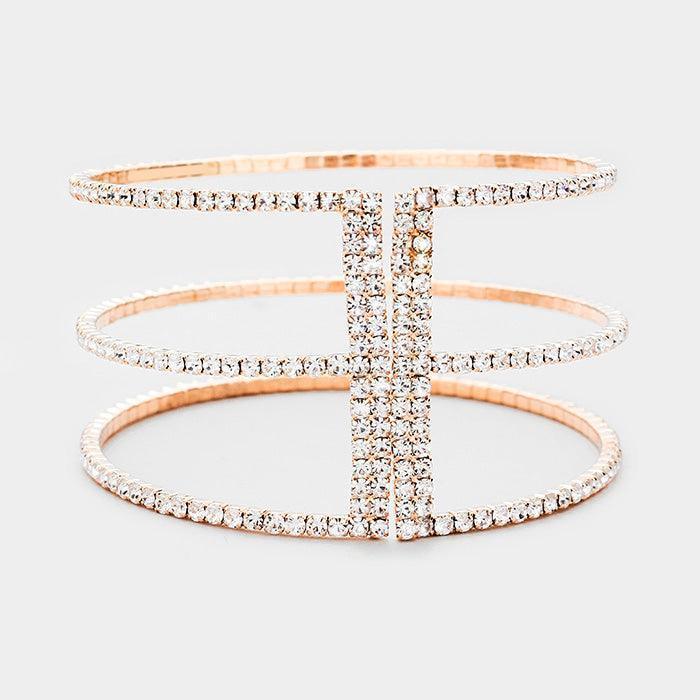 Rose Gold 3Row Split Layer Round Crystal Detail Cuff Evening Bracelet - Jewelry Store by Erik Rayo