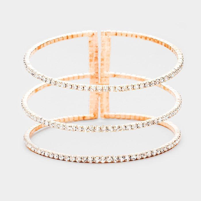 Rose Gold 3Row Split Layer Round Crystal Detail Cuff Evening Bracelet - Jewelry Store by Erik Rayo