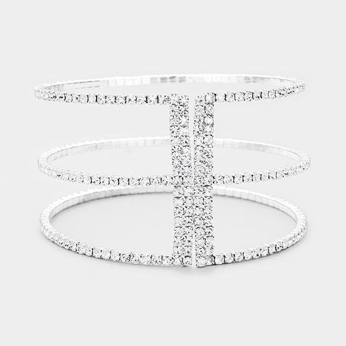 Silver 3Row Split Layer Round Crystal Detail Cuff Evening Bracelet - Jewelry Store by Erik Rayo