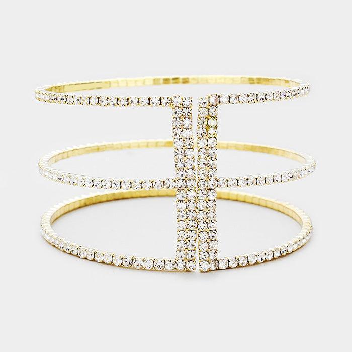 Gold 3Row Split Layer Round Crystal Detail Cuff Evening Bracelet - Jewelry Store by Erik Rayo