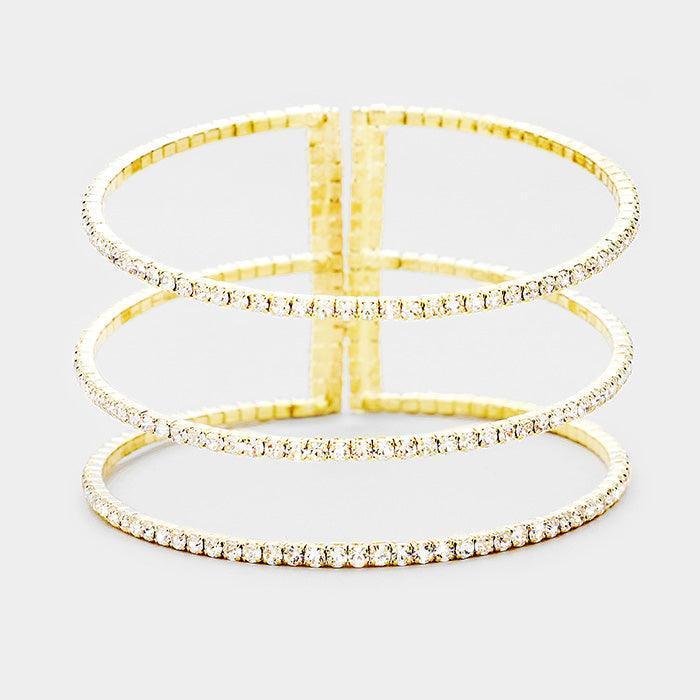 Gold 3Row Split Layer Round Crystal Detail Cuff Evening Bracelet - Jewelry Store by Erik Rayo