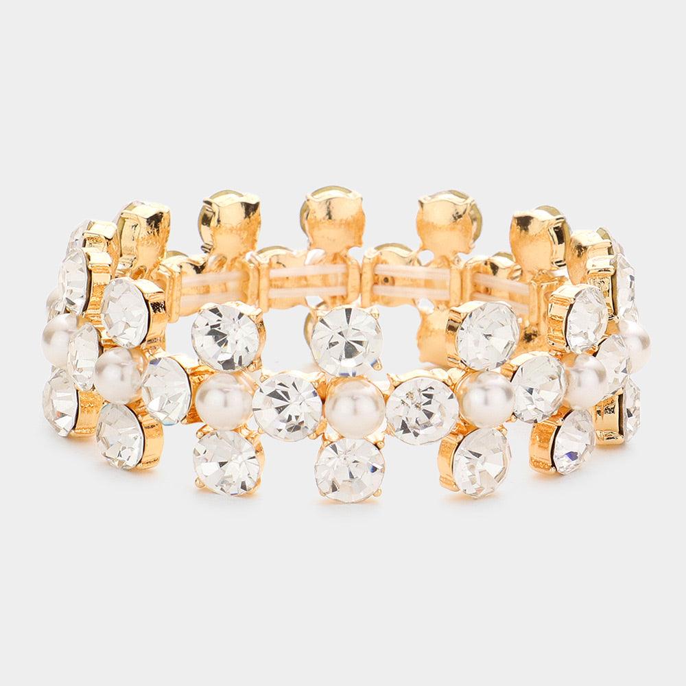 Gold Pearl Pointed Bubble Stone Stretch Evening Bracelet