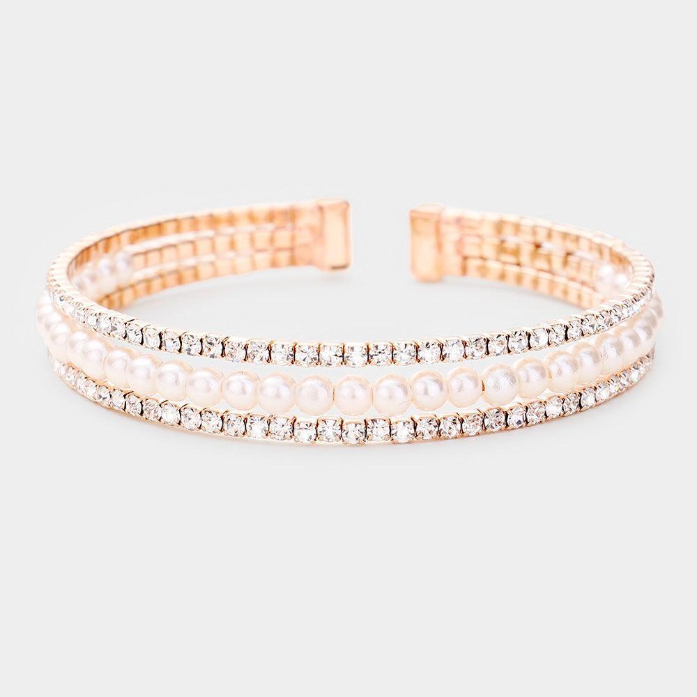 Rose Gold Rhinestone Pearl Evening Cuff Bracelet - Jewelry Store by Erik Rayo