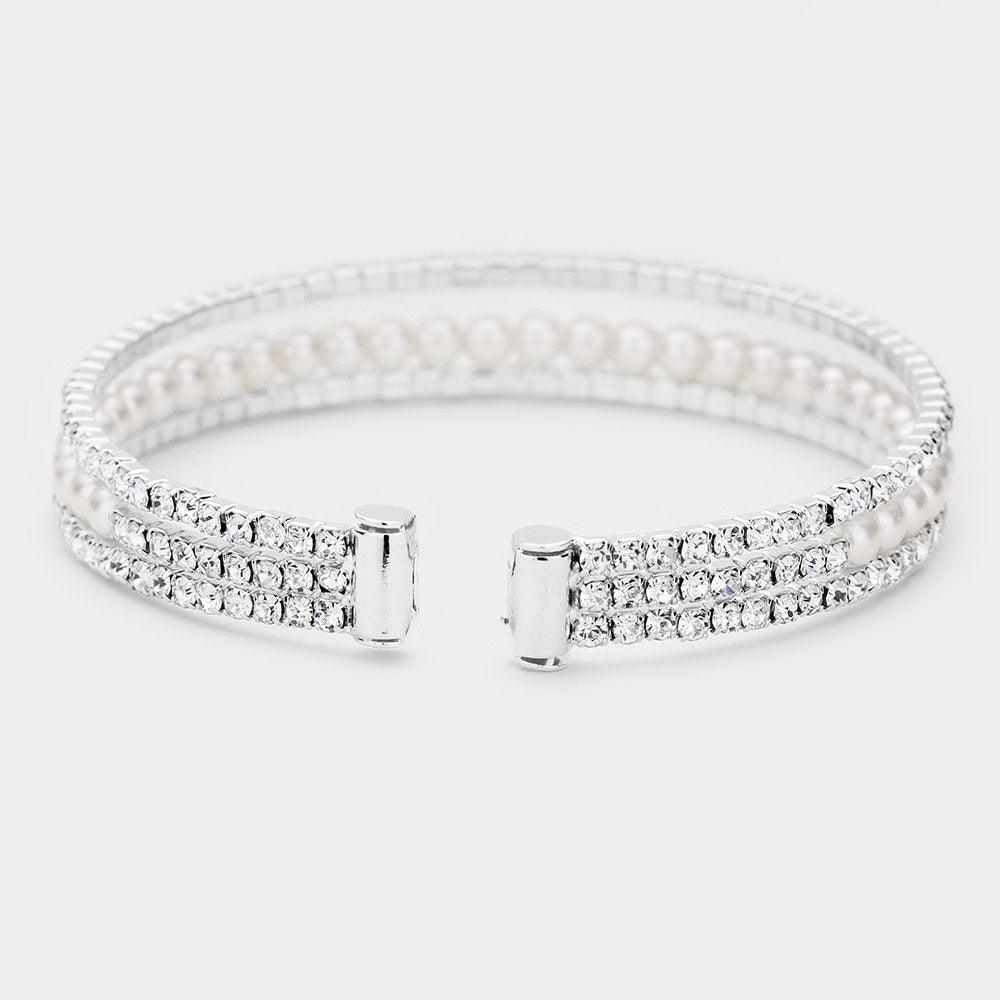 Silver Rhinestone Pearl Evening Cuff Bracelet - Jewelry Store by Erik Rayo