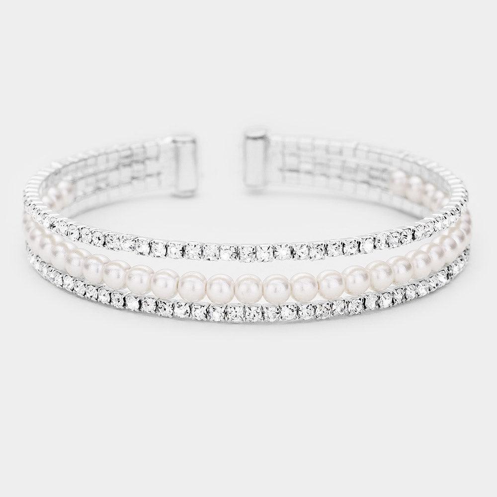Silver Rhinestone Pearl Evening Cuff Bracelet - Jewelry Store by Erik Rayo