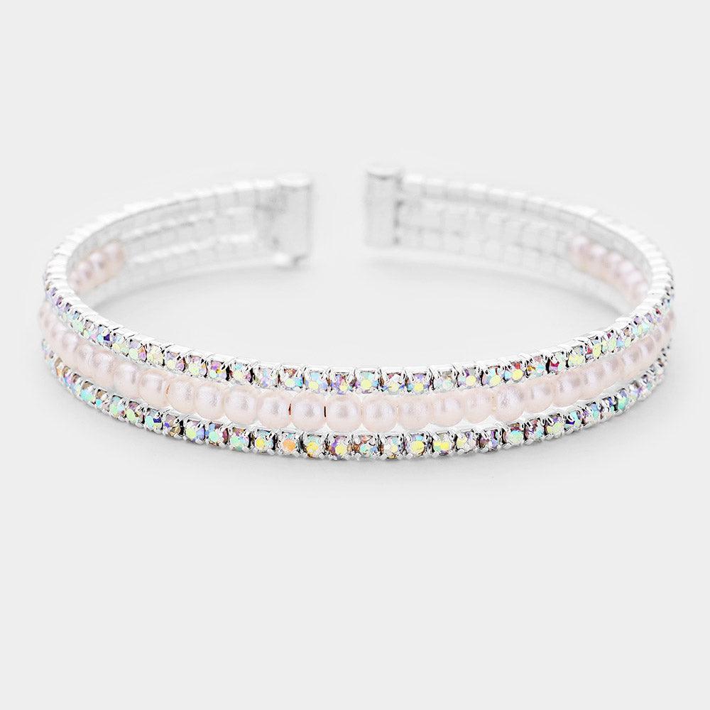 Silver Rhinestone Pearl Evening Cuff Bracelet - Jewelry Store by Erik Rayo