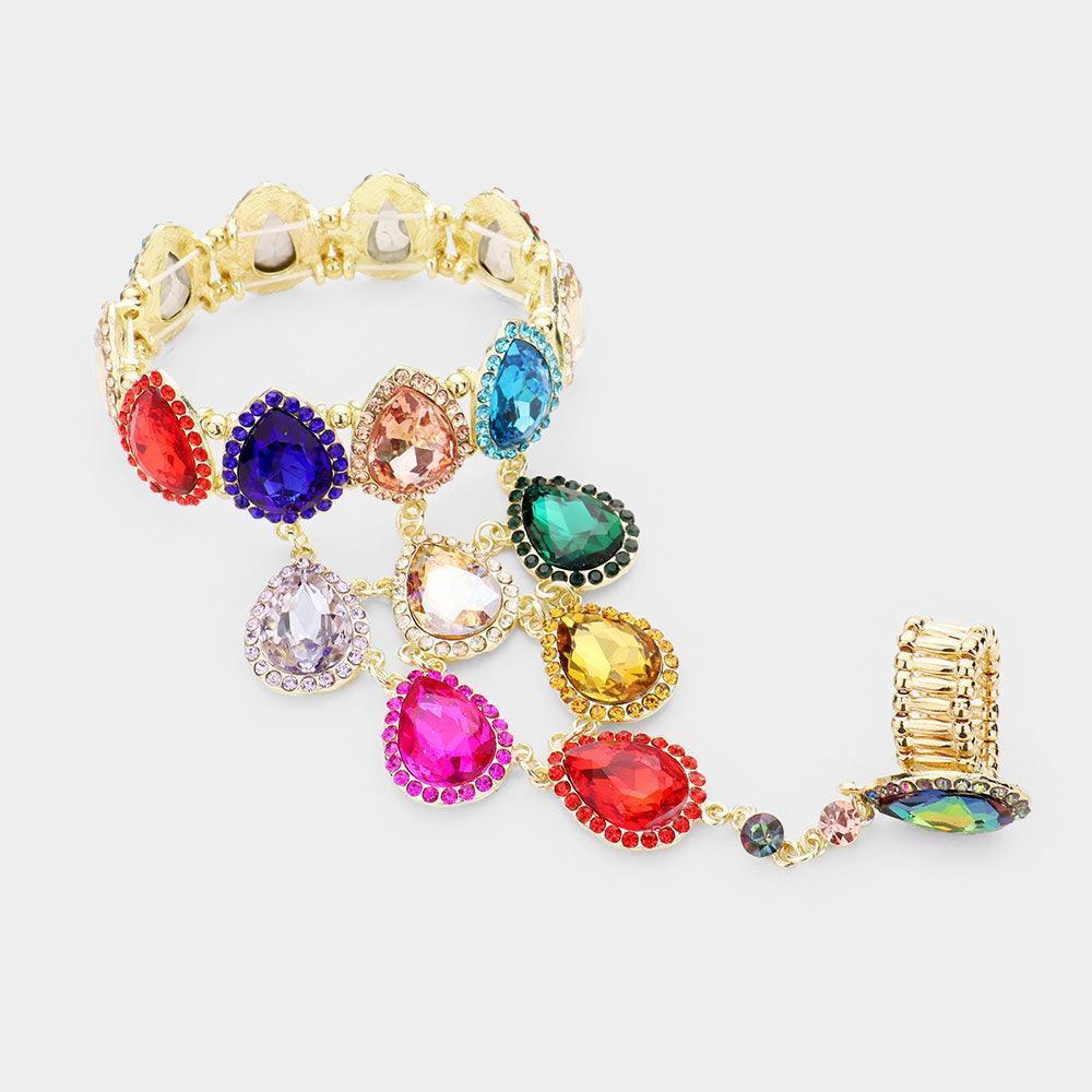 Gold Teardrop Crystal Rhinestone Pave Hand Chain Evening Bracelet - Jewelry Store by Erik Rayo