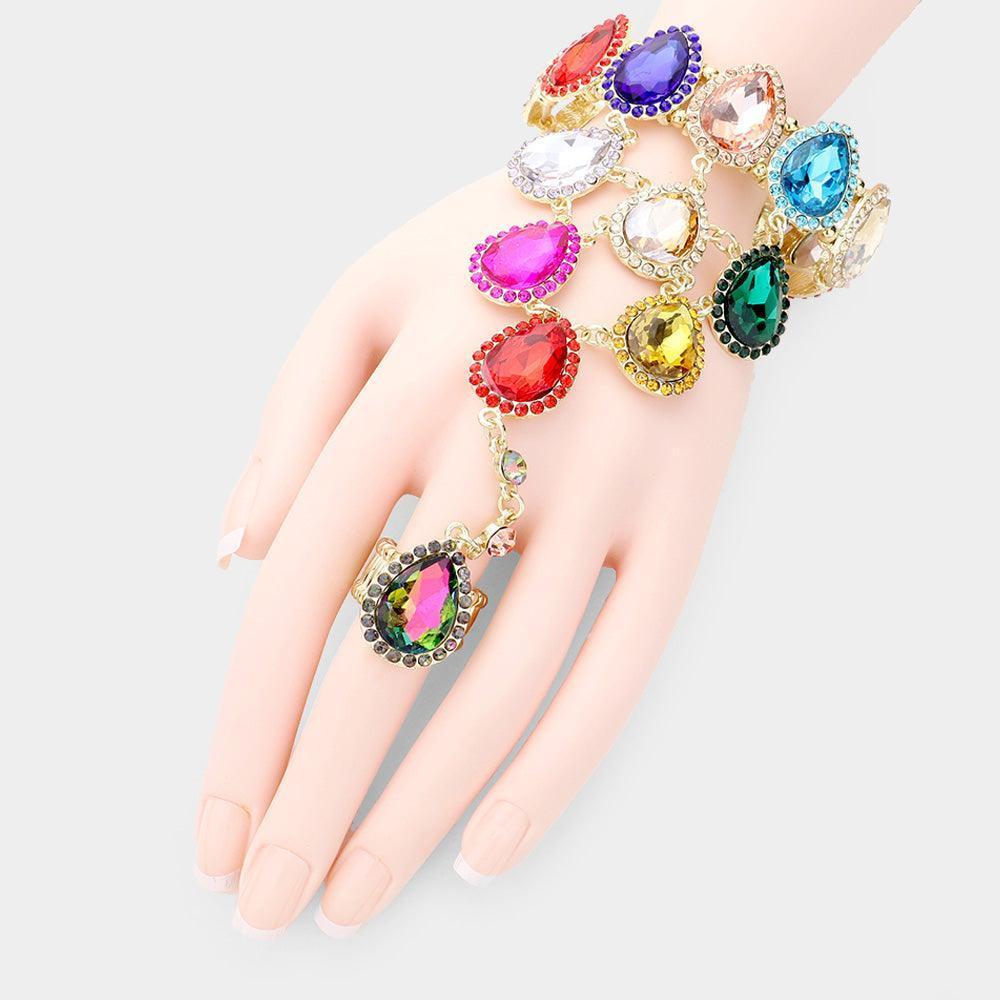 Gold Teardrop Crystal Rhinestone Pave Hand Chain Evening Bracelet - Jewelry Store by Erik Rayo