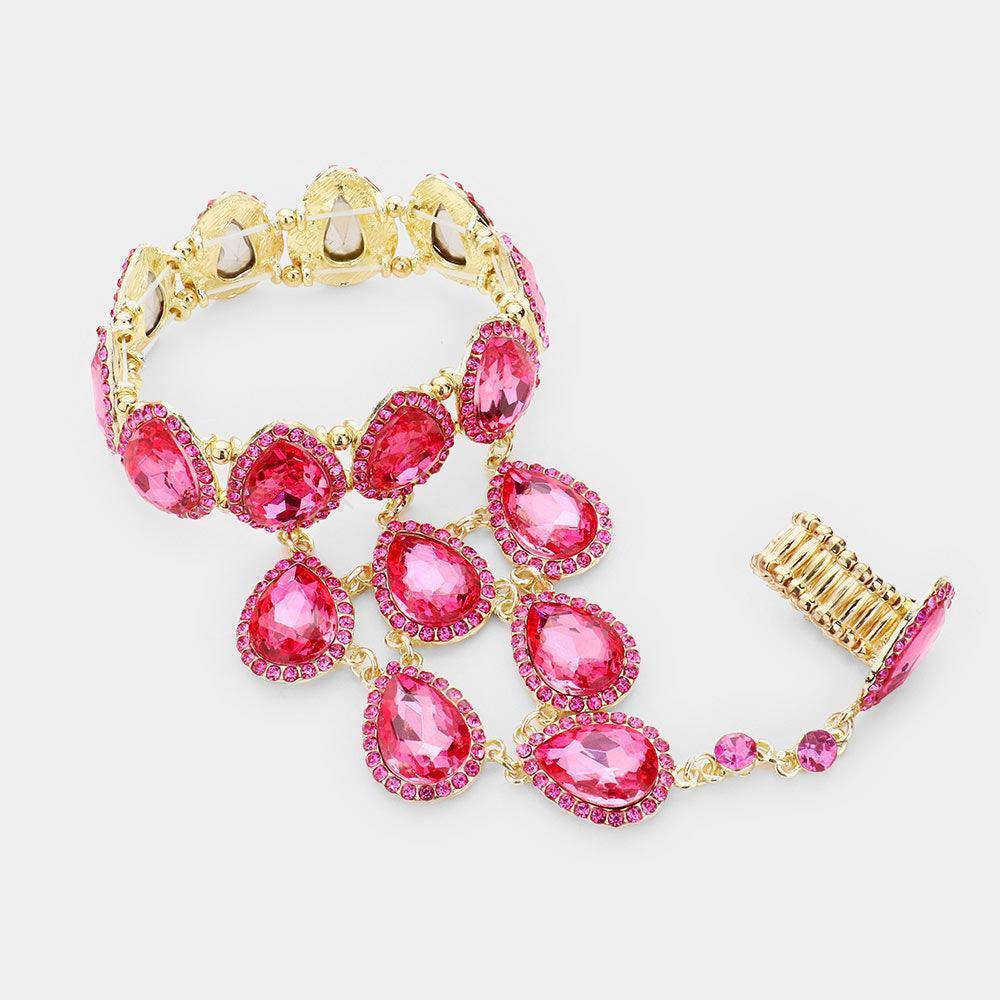 Pink Teardrop Crystal Rhinestone Pave Hand Chain Evening Bracelet - Jewelry Store by Erik Rayo