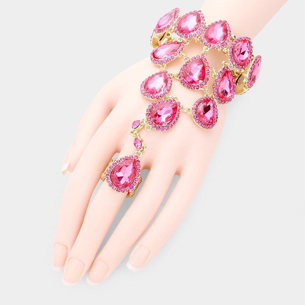 Pink Teardrop Crystal Rhinestone Pave Hand Chain Evening Bracelet - Jewelry Store by Erik Rayo