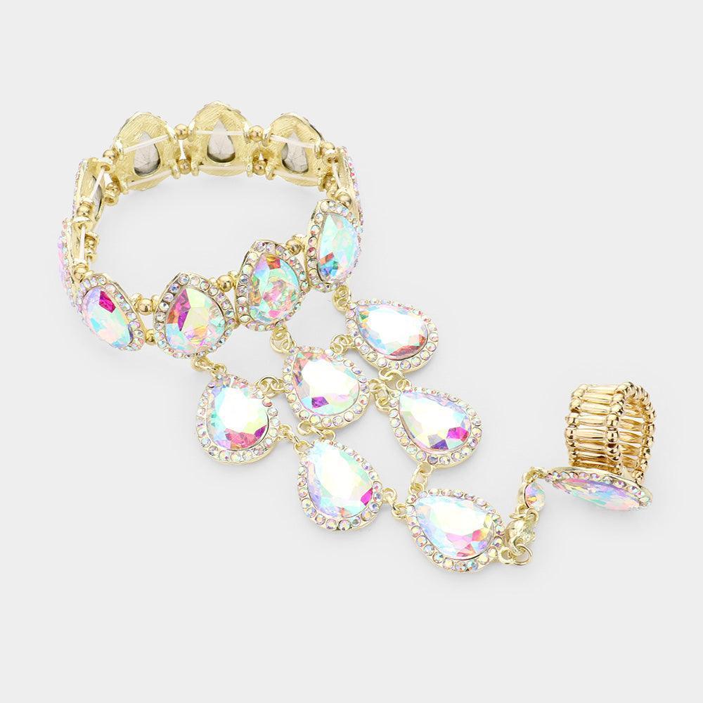 Gold Teardrop Crystal Rhinestone Pave Hand Chain Evening Bracelet - Jewelry Store by Erik Rayo