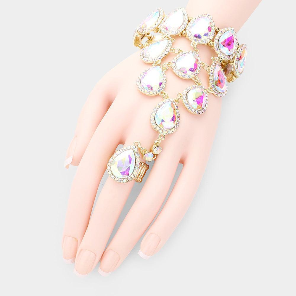 Gold Teardrop Crystal Rhinestone Pave Hand Chain Evening Bracelet - Jewelry Store by Erik Rayo