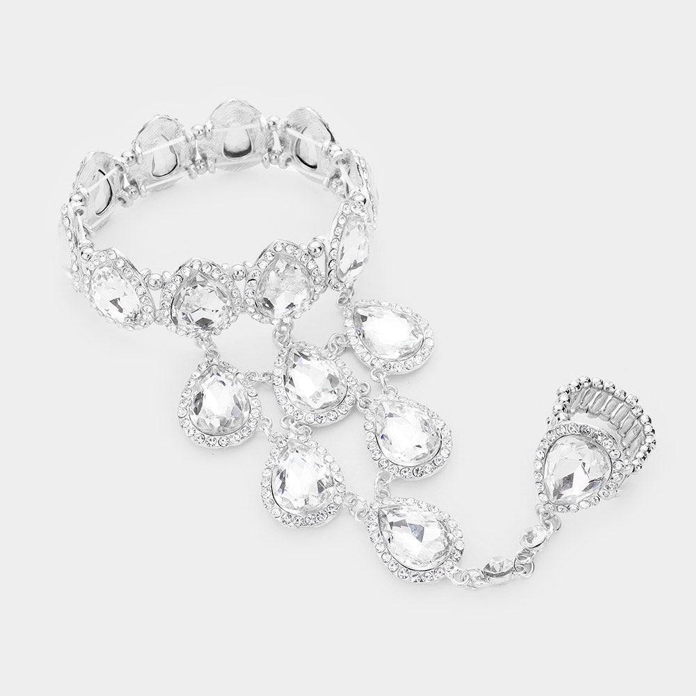 Silver Teardrop Crystal Rhinestone Pave Hand Chain Evening Bracelet - Jewelry Store by Erik Rayo