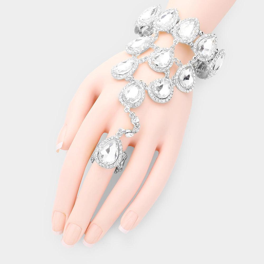 Silver Teardrop Crystal Rhinestone Pave Hand Chain Evening Bracelet - Jewelry Store by Erik Rayo