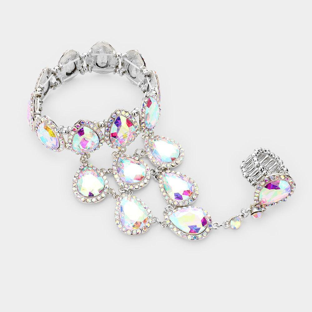 Silver Teardrop Crystal Rhinestone Pave Hand Chain Evening Bracelet - Jewelry Store by Erik Rayo