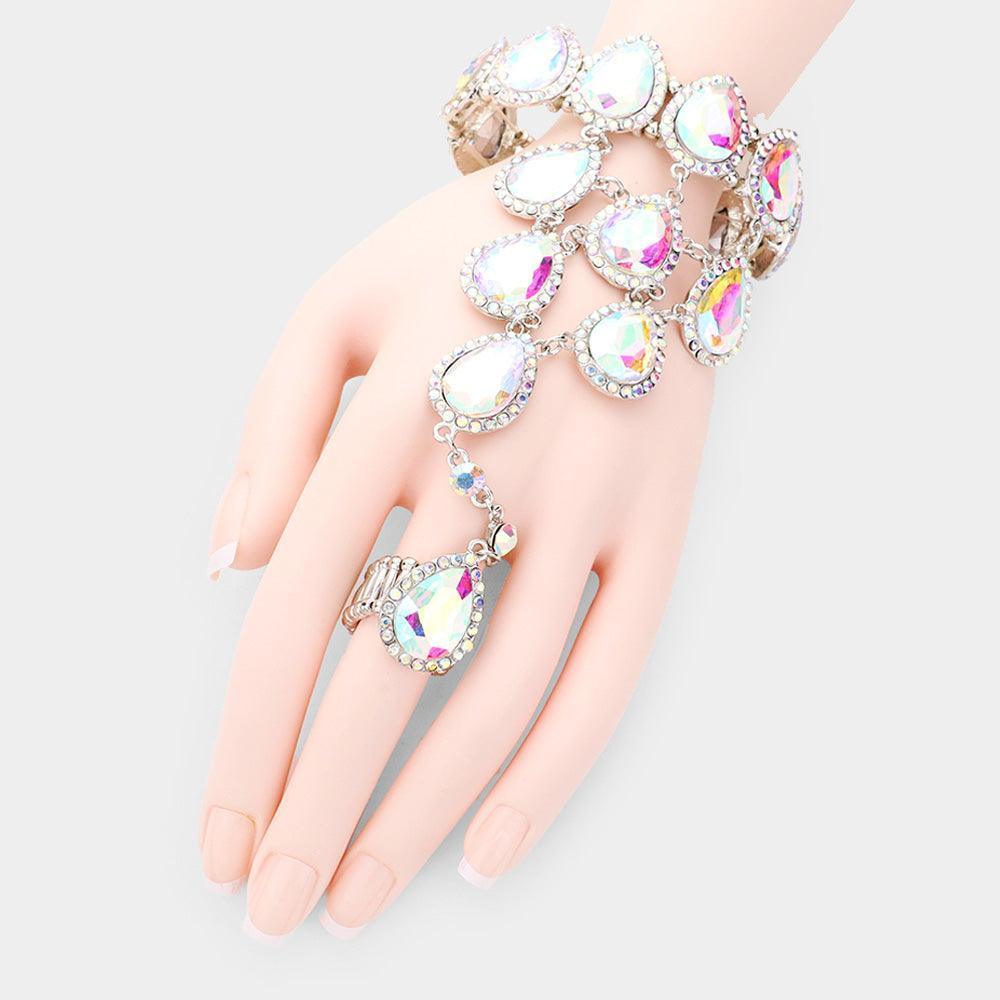 Silver Teardrop Crystal Rhinestone Pave Hand Chain Evening Bracelet - Jewelry Store by Erik Rayo