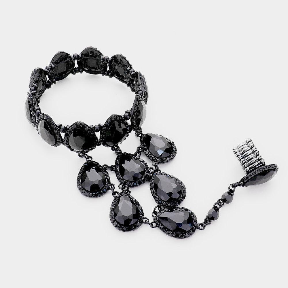 Black Teardrop Crystal Rhinestone Pave Hand Chain Evening Bracelet - Jewelry Store by Erik Rayo