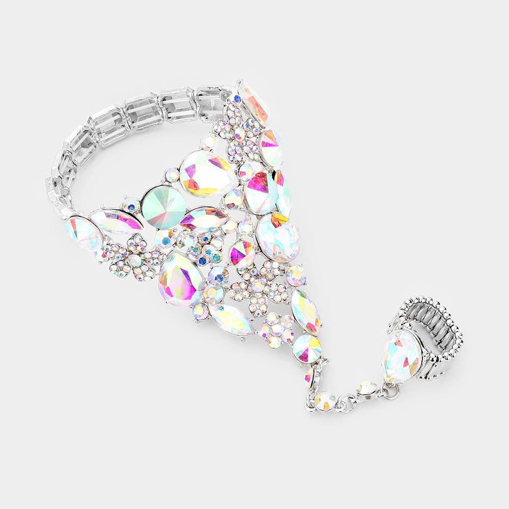 Silver Crystal Teardrop Floral Hand Chain Evening Bracelet - Jewelry Store by Erik Rayo